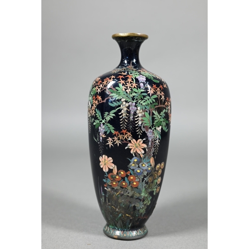 387 - A mirrored pair of late 19th century Japanese cloisonne vases, Meijji period (1868-1912) dark purple... 