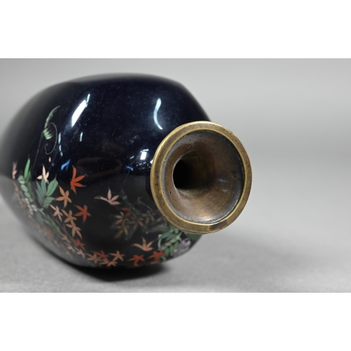 387 - A mirrored pair of late 19th century Japanese cloisonne vases, Meijji period (1868-1912) dark purple... 