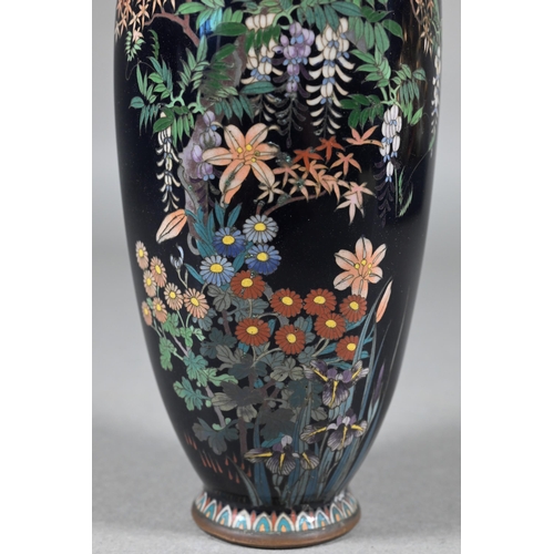 387 - A mirrored pair of late 19th century Japanese cloisonne vases, Meijji period (1868-1912) dark purple... 