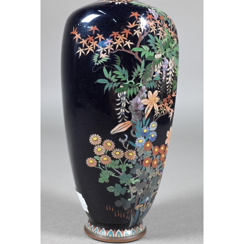 387 - A mirrored pair of late 19th century Japanese cloisonne vases, Meijji period (1868-1912) dark purple... 