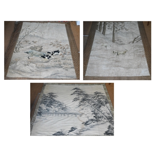 391 - An early 20th century Japanese textile wall hanging, ink on fabric landscape with long wooden pedest... 