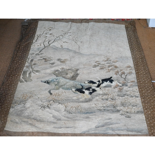 391 - An early 20th century Japanese textile wall hanging, ink on fabric landscape with long wooden pedest... 