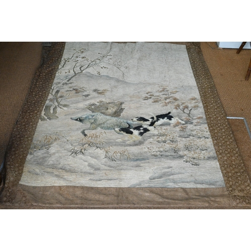 391 - An early 20th century Japanese textile wall hanging, ink on fabric landscape with long wooden pedest... 