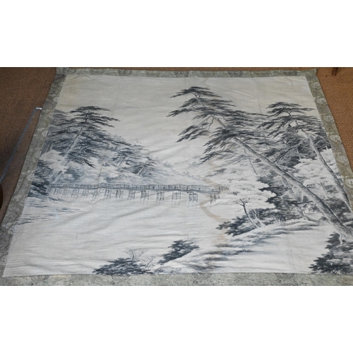 391 - An early 20th century Japanese textile wall hanging, ink on fabric landscape with long wooden pedest... 