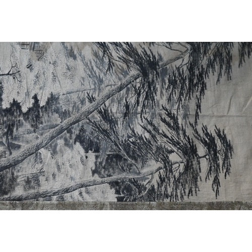 391 - An early 20th century Japanese textile wall hanging, ink on fabric landscape with long wooden pedest... 