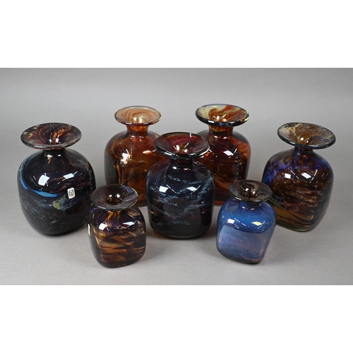 400 - Mdina glass (Malta): Five squat tortoiseshell/opalescent square vases with flared necks, 15 cm high ... 