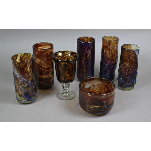 402 - Mdina glass (Malta): Three plain tortoiseshell cylindrical vases and two textured examples, 19 - 20 ... 