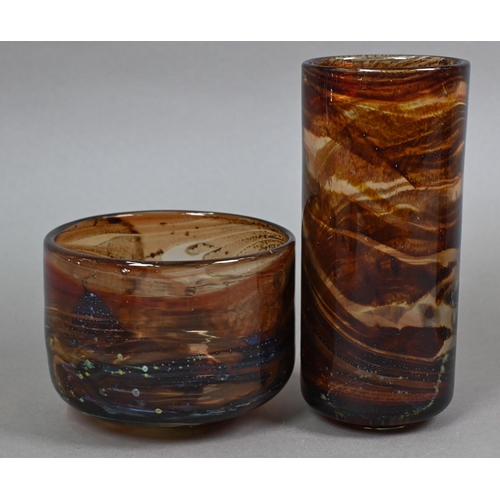 402 - Mdina glass (Malta): Three plain tortoiseshell cylindrical vases and two textured examples, 19 - 20 ... 