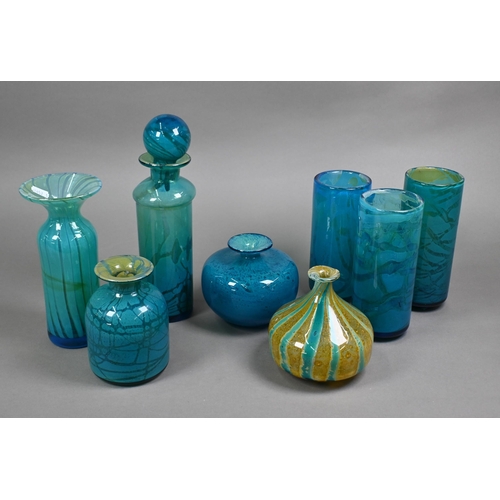 403 - Mdina glass (Malta): Three Ming cylindrical vases, 19 - 20 cm, to/w a cylindrical bottle with ball s... 