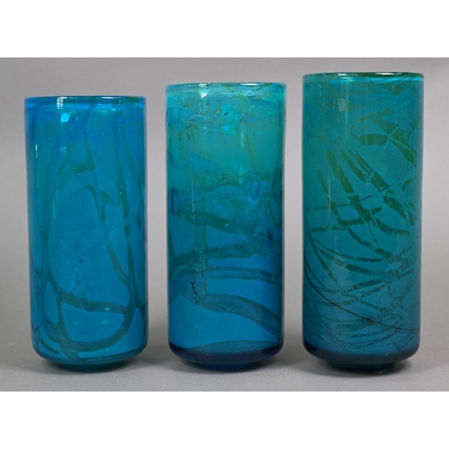 403 - Mdina glass (Malta): Three Ming cylindrical vases, 19 - 20 cm, to/w a cylindrical bottle with ball s... 