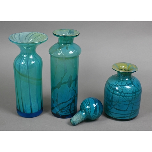 403 - Mdina glass (Malta): Three Ming cylindrical vases, 19 - 20 cm, to/w a cylindrical bottle with ball s... 