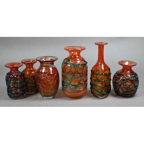 405 - Mdina glass (Malta): Two Orange Mesh square bottles with ball stoppers, to/w eight other Orange Mesh... 