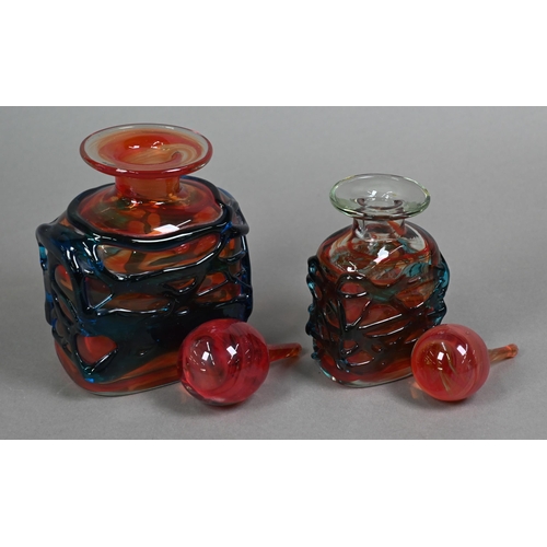 405 - Mdina glass (Malta): Two Orange Mesh square bottles with ball stoppers, to/w eight other Orange Mesh... 