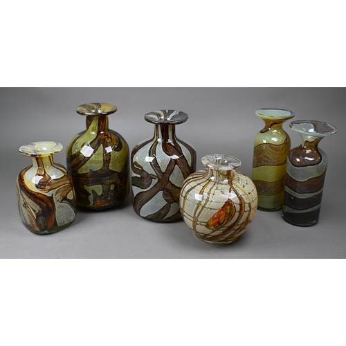 407 - Two Mdina Earthtones vases with flared rims, to/w two somewhat similar vases (unsigned) and two Malt... 