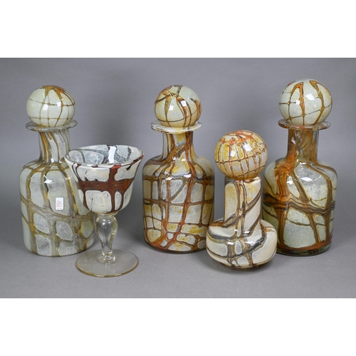 410 - Four Malta Craft glass decanters with ball stoppers, in Earthtones design, to/w a matching large gob... 