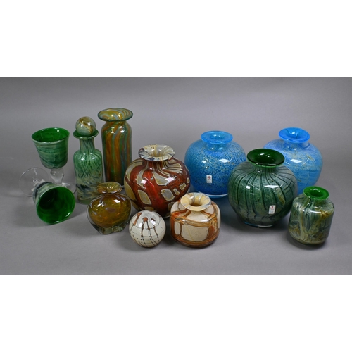 411 - Four Malta Craft glass globular vases with flared rims, 15 cm approx. and a similar 9 cm example, to... 