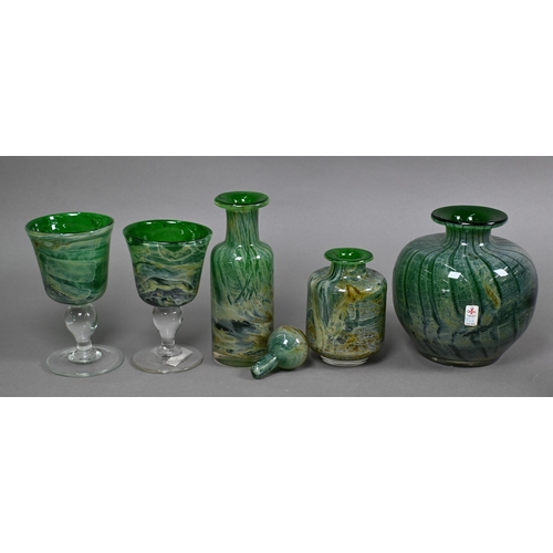 411 - Four Malta Craft glass globular vases with flared rims, 15 cm approx. and a similar 9 cm example, to... 