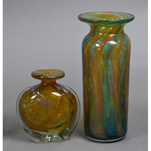 411 - Four Malta Craft glass globular vases with flared rims, 15 cm approx. and a similar 9 cm example, to... 