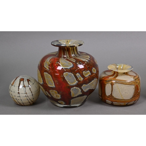 411 - Four Malta Craft glass globular vases with flared rims, 15 cm approx. and a similar 9 cm example, to... 