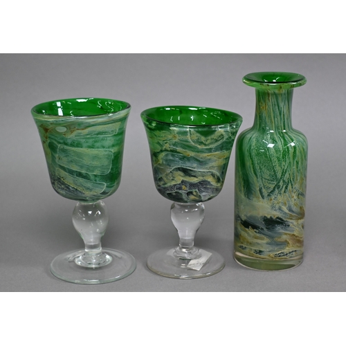 411 - Four Malta Craft glass globular vases with flared rims, 15 cm approx. and a similar 9 cm example, to... 