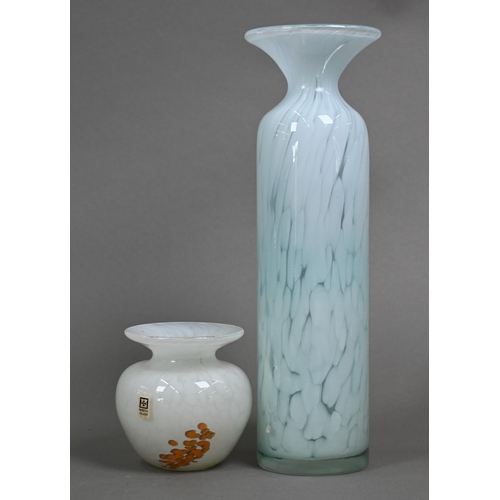 413 - A Mdina white mottled glass cylindrical vase with flared rim, 29 cm high, to/w a small globular vase... 