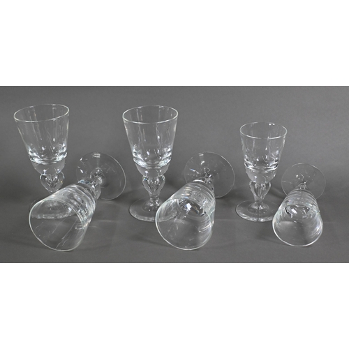 424 - A set of six each Steuben (New York) red and white wine glasses with conical bowls and teardrop balu... 