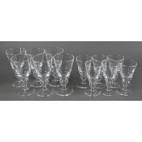 424 - A set of six each Steuben (New York) red and white wine glasses with conical bowls and teardrop balu... 