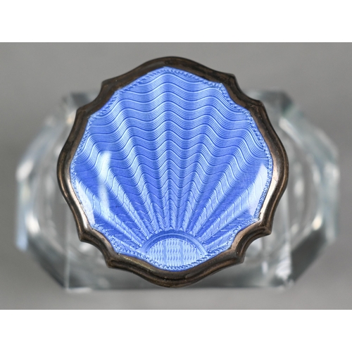 43 - An Art Deco cut glass powder bowl with blue guilloche enamel mirrored cover, to/w a pair of scent bo... 