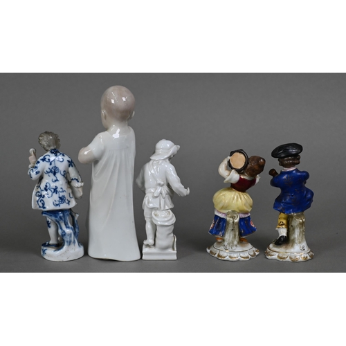 433 - A Berlin porcelain blanc de chine small figure of a boy sowing seeds, 11 cm, two Samson gold anchor ... 