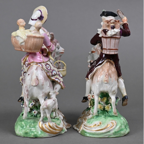 437 - A pair of Georgian Derby groups, The Welch Tailor and His Wife, mounted on goats, on shell-moulded b... 