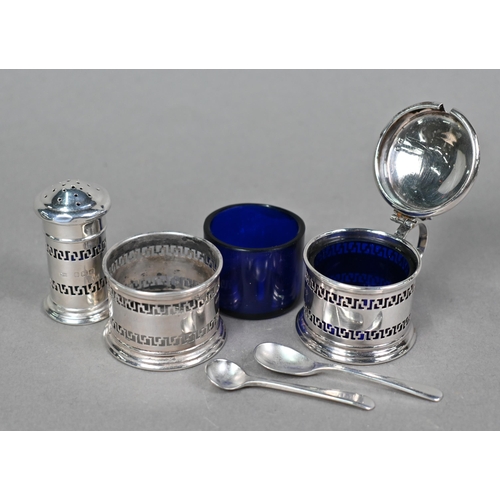 45 - A cased silver three-piece condiment set with spoons and various other silver condiments, etc., 7.8o... 