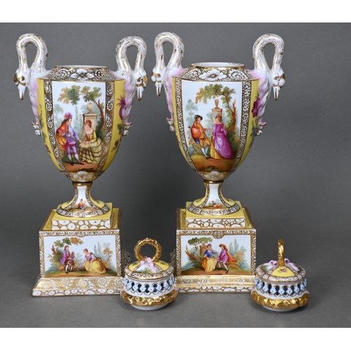 488 - A pair of Vienna porcelain urns and covers in the Dresden manner, painted with courting couples and ... 