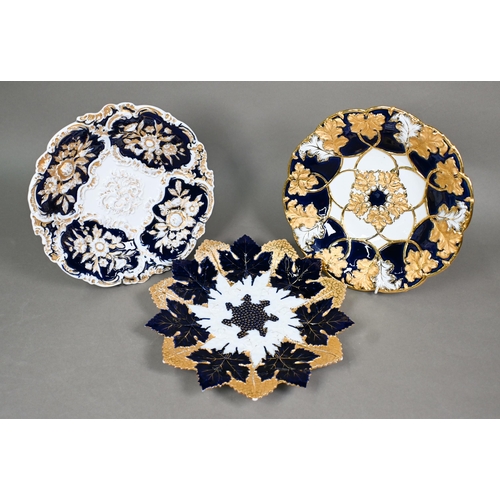 491 - Three early 20th century Meissen blue and gilt cabinet plates with embossed and gilded floral and fo... 