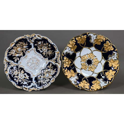 491 - Three early 20th century Meissen blue and gilt cabinet plates with embossed and gilded floral and fo... 