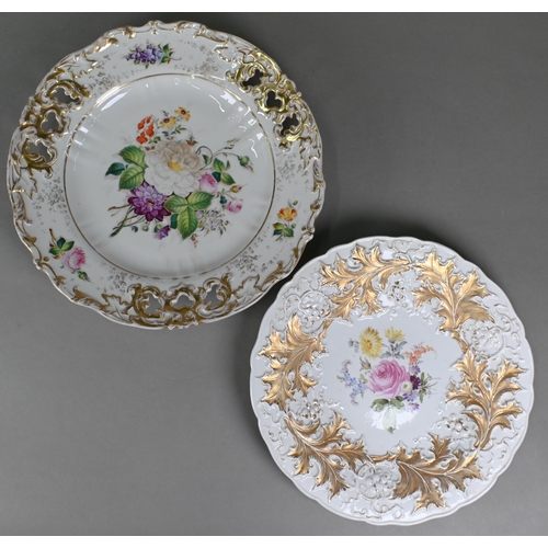 494 - An early 20th century Meissen cabinet plate painted with floral spray within embossed and gilded bor... 