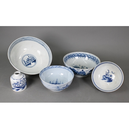 506 - A Georgian pearlware punch bowl with underglaze blue chinoiserie decoration, 24.5 cm diameter, to/w ... 