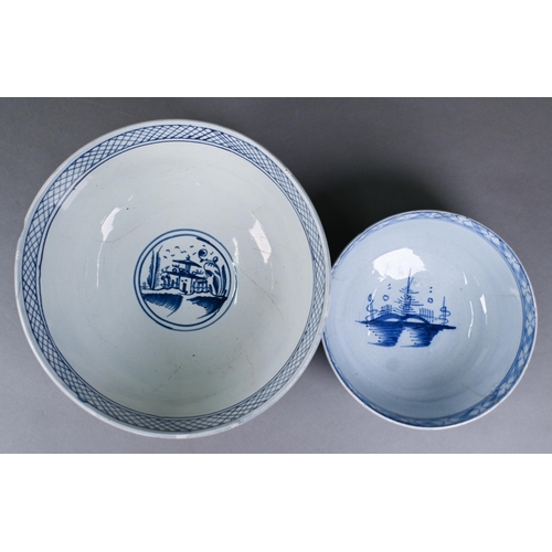 506 - A Georgian pearlware punch bowl with underglaze blue chinoiserie decoration, 24.5 cm diameter, to/w ... 