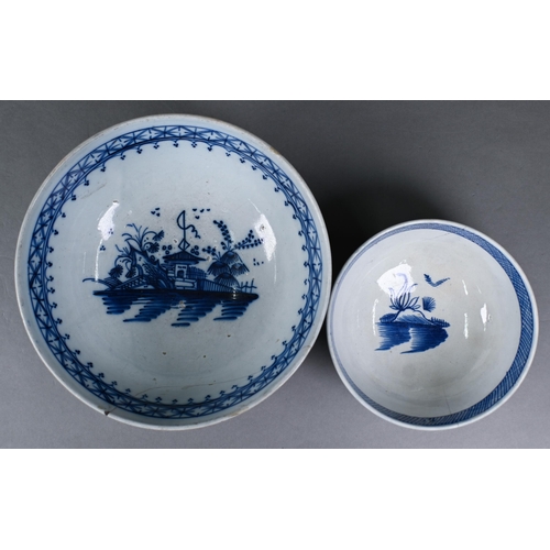 506 - A Georgian pearlware punch bowl with underglaze blue chinoiserie decoration, 24.5 cm diameter, to/w ... 