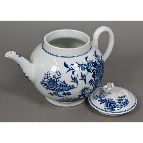 509 - A First Period Worcester blue and white teapot printed with the fence pattern, crescent mark, to/w a... 