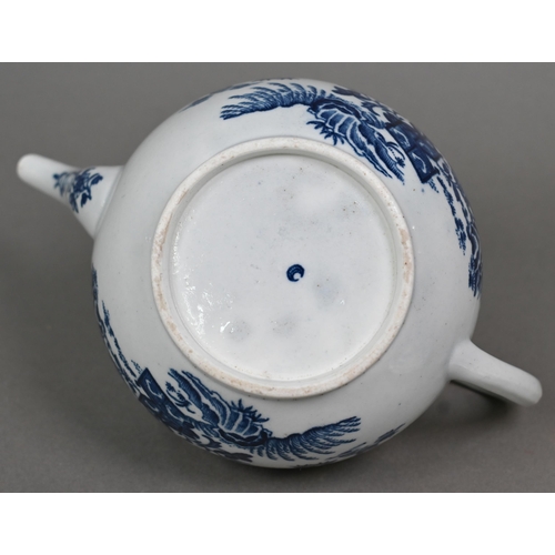 509 - A First Period Worcester blue and white teapot printed with the fence pattern, crescent mark, to/w a... 