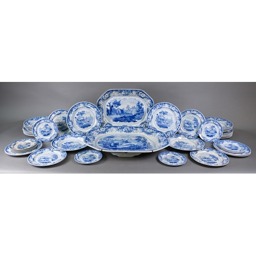 515 - A John and William Ridgway (1814-1830) blue and white dinner service, printed with Rural Scenery pat... 