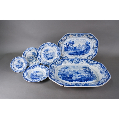 515 - A John and William Ridgway (1814-1830) blue and white dinner service, printed with Rural Scenery pat... 