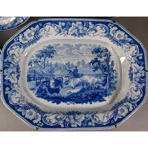 515 - A John and William Ridgway (1814-1830) blue and white dinner service, printed with Rural Scenery pat... 