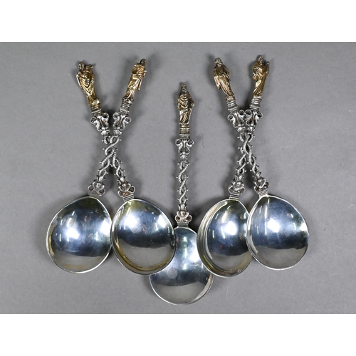 62 - A good part set of five Victorian silver Apostle spoons, with gilt figural finials on cast twist and... 