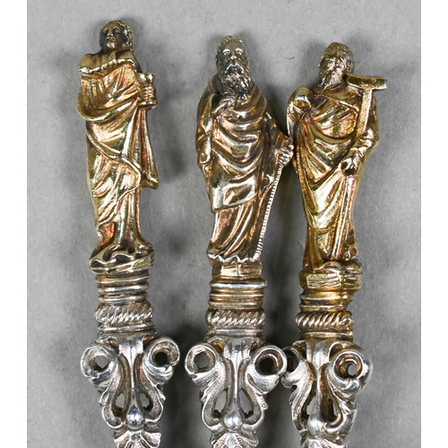 62 - A good part set of five Victorian silver Apostle spoons, with gilt figural finials on cast twist and... 