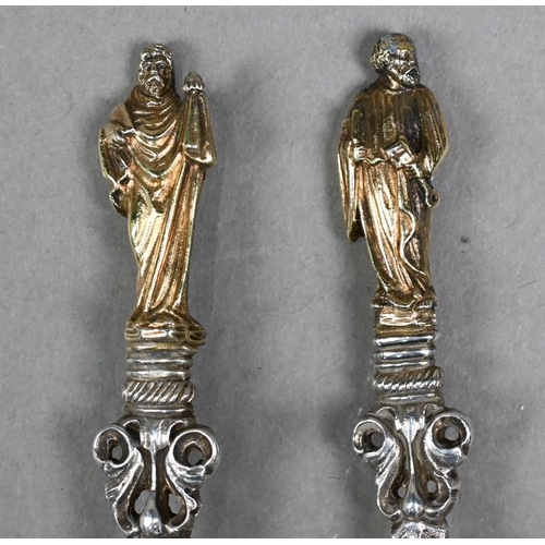 62 - A good part set of five Victorian silver Apostle spoons, with gilt figural finials on cast twist and... 