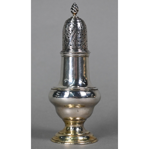 64 - A George III silver baluster pounce pot with flame finial and parcel gilt foot, Jabez Daniell & ... 