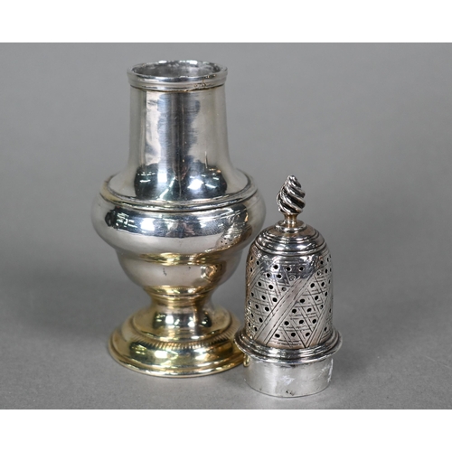 64 - A George III silver baluster pounce pot with flame finial and parcel gilt foot, Jabez Daniell & ... 