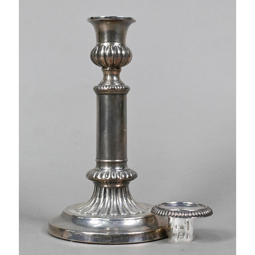 66 - A pair of George III loaded silver candlesticks with detachable grease-pans and fluted decoration, J... 