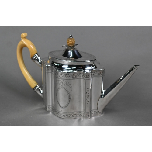 67 - A George III silver teapot of ogee form with engraved decoration, ivory scroll handle and carved 'pi... 